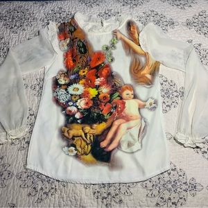 White blouse with cherub and floral graphic print top